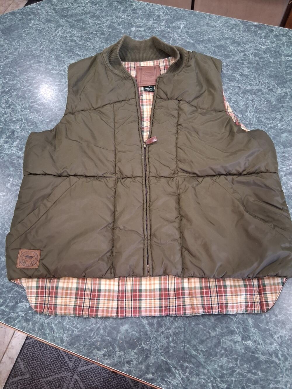 Lauren Dry Goods Co Fly Fishing Y2K Olive Green Plaid Lined Puffer Vest Sz Small